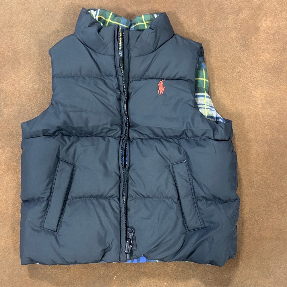 Ralph Lauren Kids Navy Puffer Vest with Plaid Lining